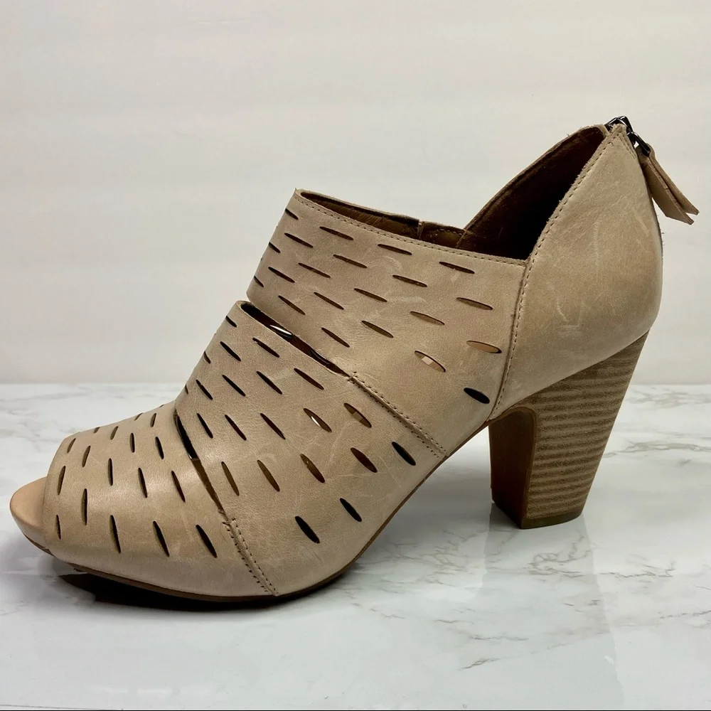 Beige Peep-Toe Cutout Block Heel Bootie